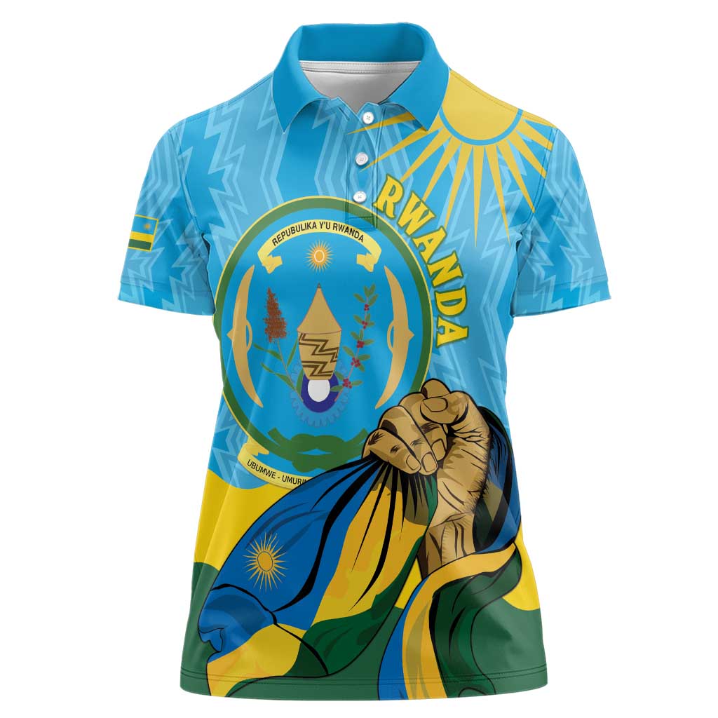 Personalized Rwanda Independence Day Women Polo Shirt Coat Of Arms Imigongo Pattern