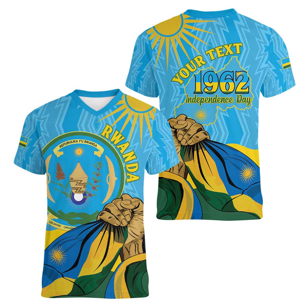 Personalized Rwanda Independence Day Women V-Neck T-Shirt Coat Of Arms Imigongo Pattern