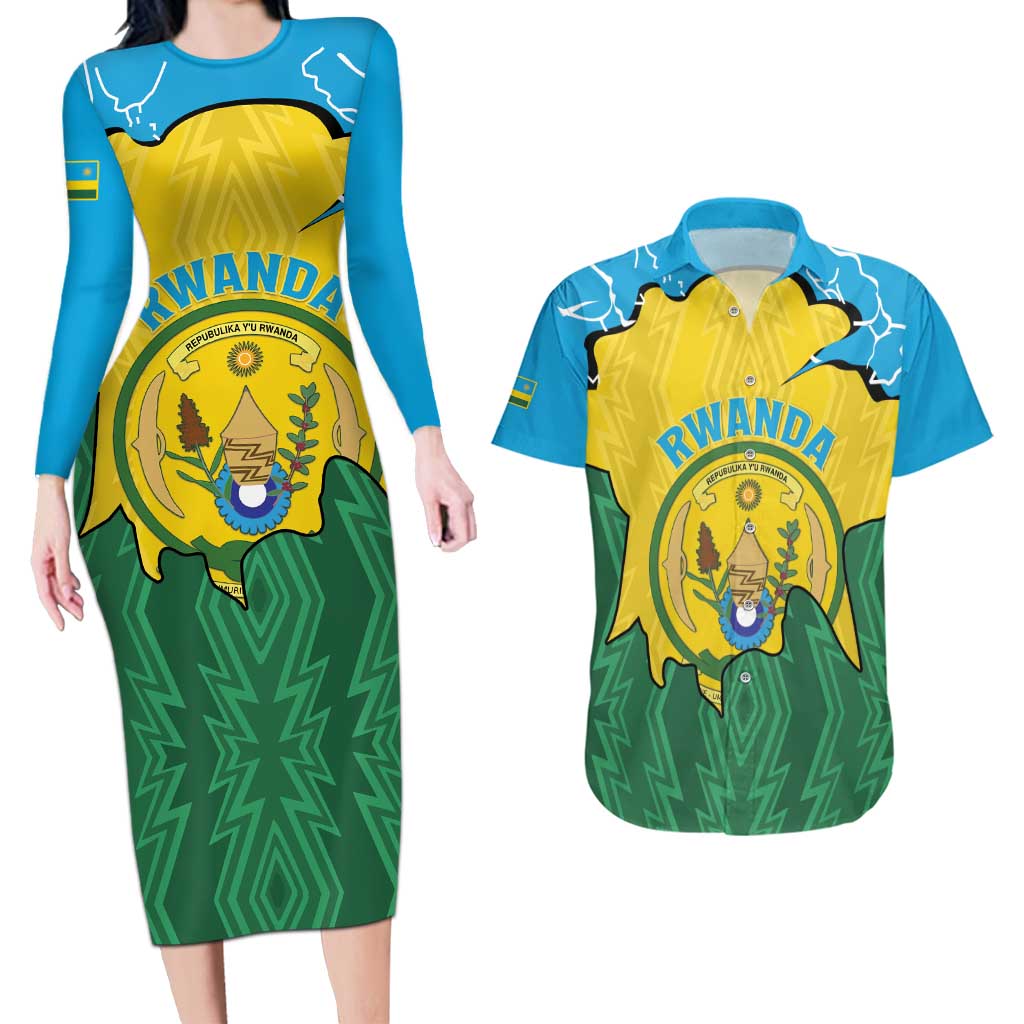Personalized Rwanda Couples Matching Long Sleeve Bodycon Dress and Hawaiian Shirt Coat Of Arms Imigongo Pattern - Sporty Style