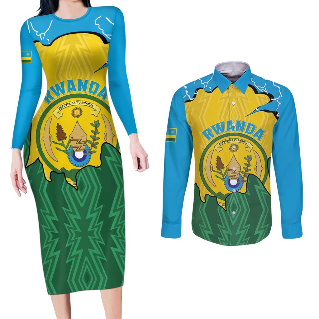 Personalized Rwanda Couples Matching Long Sleeve Bodycon Dress and Long Sleeve Button Shirt Coat Of Arms Imigongo Pattern - Sporty Style