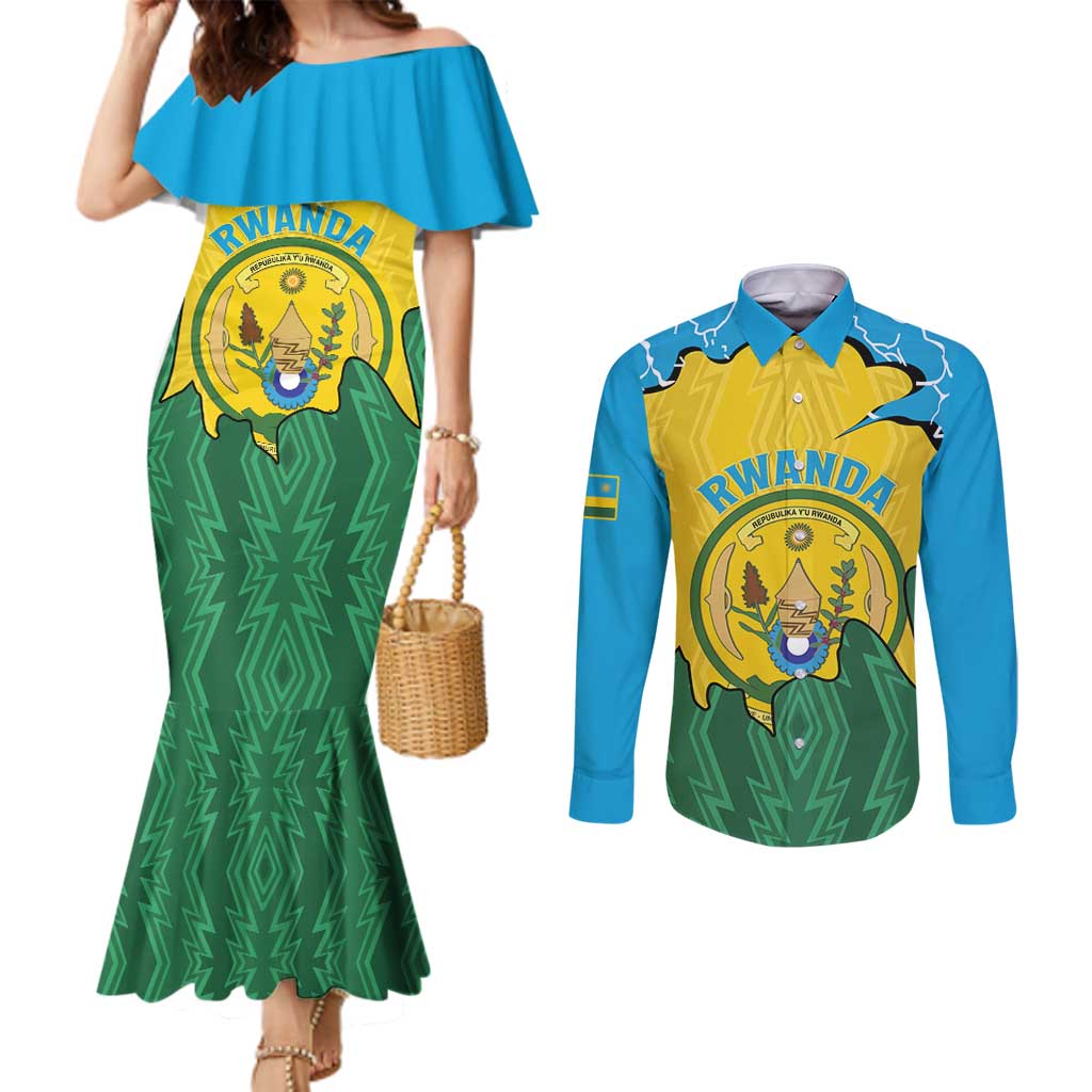 Personalized Rwanda Couples Matching Mermaid Dress and Long Sleeve Button Shirt Coat Of Arms Imigongo Pattern - Sporty Style