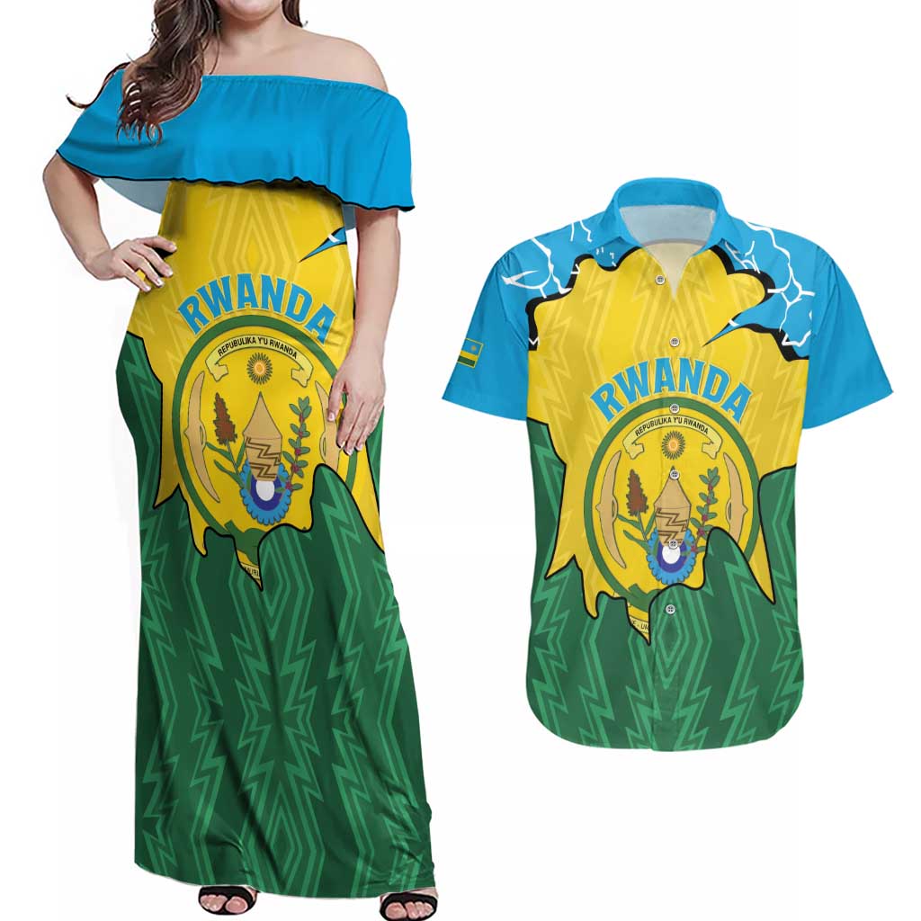 Personalized Rwanda Couples Matching Off Shoulder Maxi Dress and Hawaiian Shirt Coat Of Arms Imigongo Pattern - Sporty Style