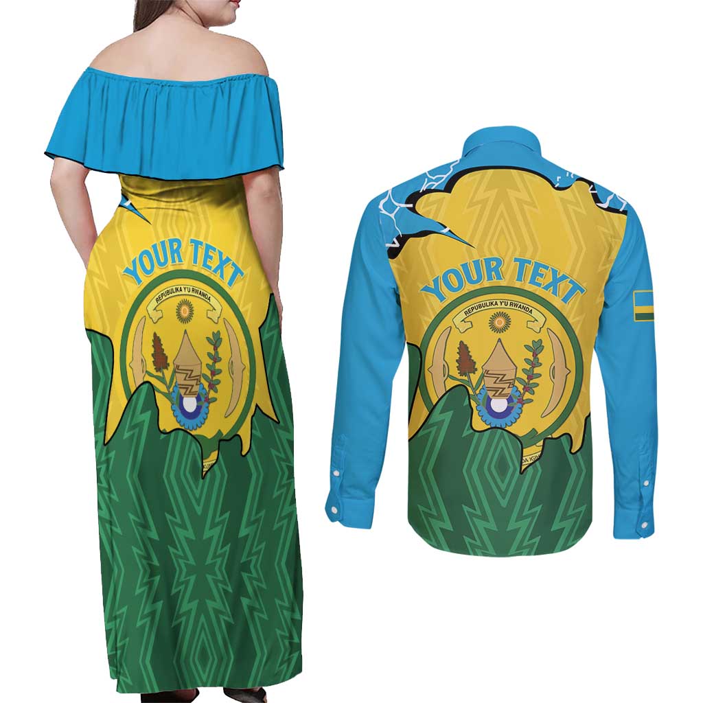 Personalized Rwanda Couples Matching Off Shoulder Maxi Dress and Long Sleeve Button Shirt Coat Of Arms Imigongo Pattern - Sporty Style