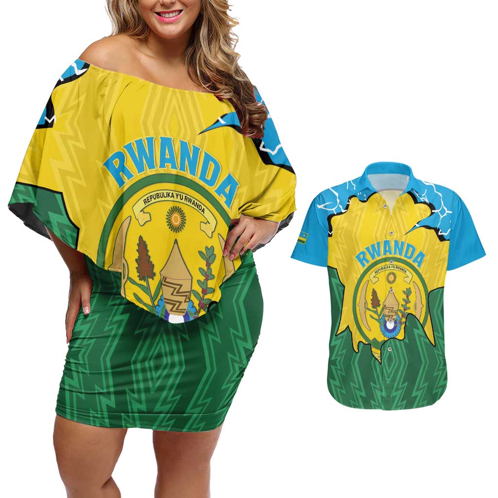 Personalized Rwanda Couples Matching Off Shoulder Short Dress and Hawaiian Shirt Coat Of Arms Imigongo Pattern - Sporty Style