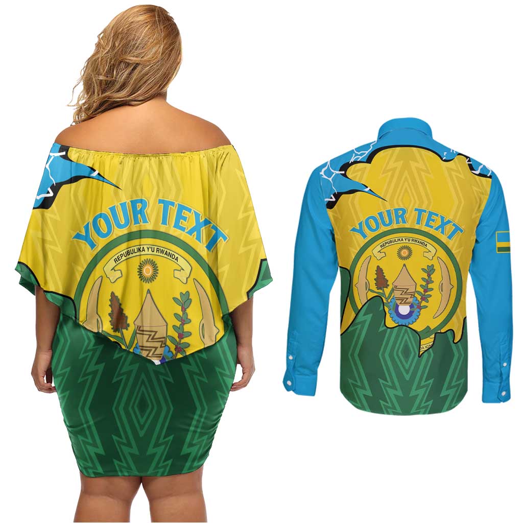 Personalized Rwanda Couples Matching Off Shoulder Short Dress and Long Sleeve Button Shirt Coat Of Arms Imigongo Pattern - Sporty Style