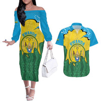 Personalized Rwanda Couples Matching Off The Shoulder Long Sleeve Dress and Hawaiian Shirt Coat Of Arms Imigongo Pattern - Sporty Style