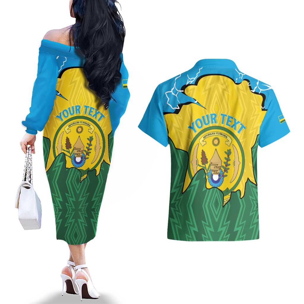 Personalized Rwanda Couples Matching Off The Shoulder Long Sleeve Dress and Hawaiian Shirt Coat Of Arms Imigongo Pattern - Sporty Style