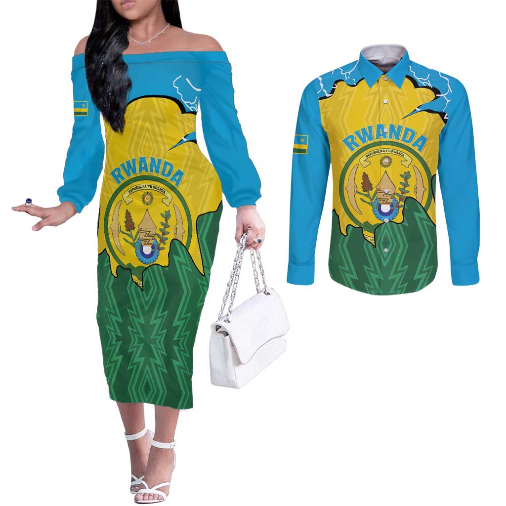 Personalized Rwanda Couples Matching Off The Shoulder Long Sleeve Dress and Long Sleeve Button Shirt Coat Of Arms Imigongo Pattern - Sporty Style