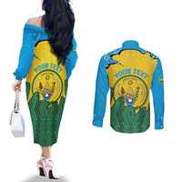 Personalized Rwanda Couples Matching Off The Shoulder Long Sleeve Dress and Long Sleeve Button Shirt Coat Of Arms Imigongo Pattern - Sporty Style