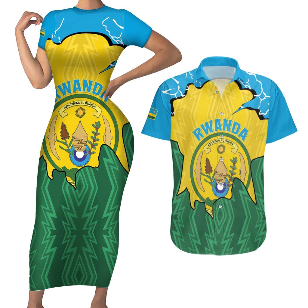 Personalized Rwanda Couples Matching Short Sleeve Bodycon Dress and Hawaiian Shirt Coat Of Arms Imigongo Pattern - Sporty Style