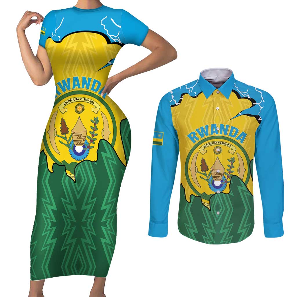Personalized Rwanda Couples Matching Short Sleeve Bodycon Dress and Long Sleeve Button Shirt Coat Of Arms Imigongo Pattern - Sporty Style