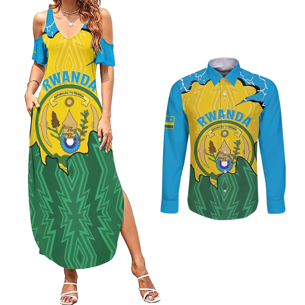 Personalized Rwanda Couples Matching Summer Maxi Dress and Long Sleeve Button Shirt Coat Of Arms Imigongo Pattern - Sporty Style