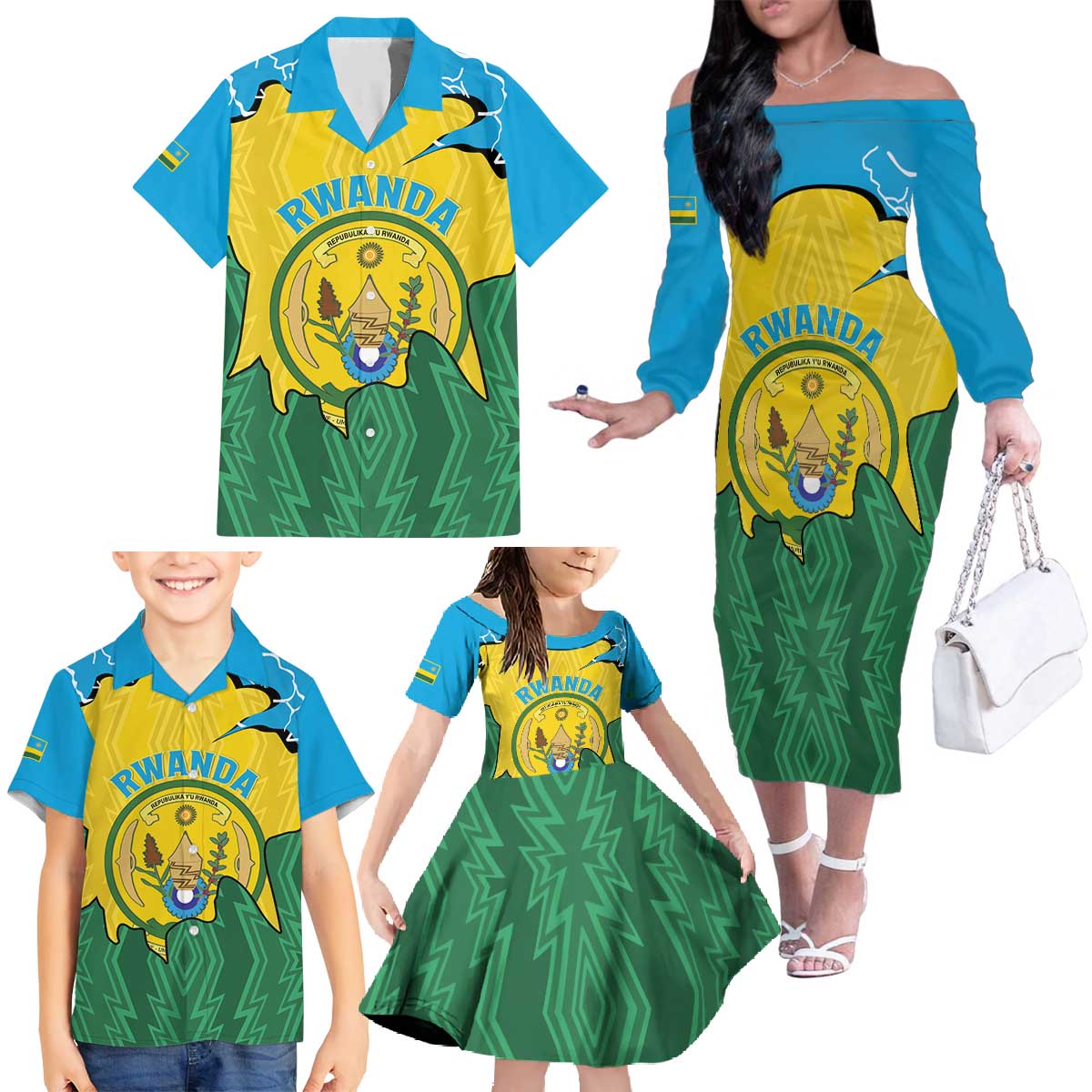 Personalized Rwanda Family Matching Off The Shoulder Long Sleeve Dress and Hawaiian Shirt Coat Of Arms Imigongo Pattern - Sporty Style