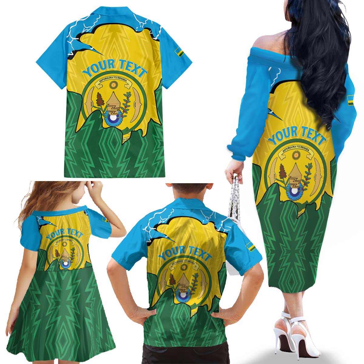 Personalized Rwanda Family Matching Off The Shoulder Long Sleeve Dress and Hawaiian Shirt Coat Of Arms Imigongo Pattern - Sporty Style