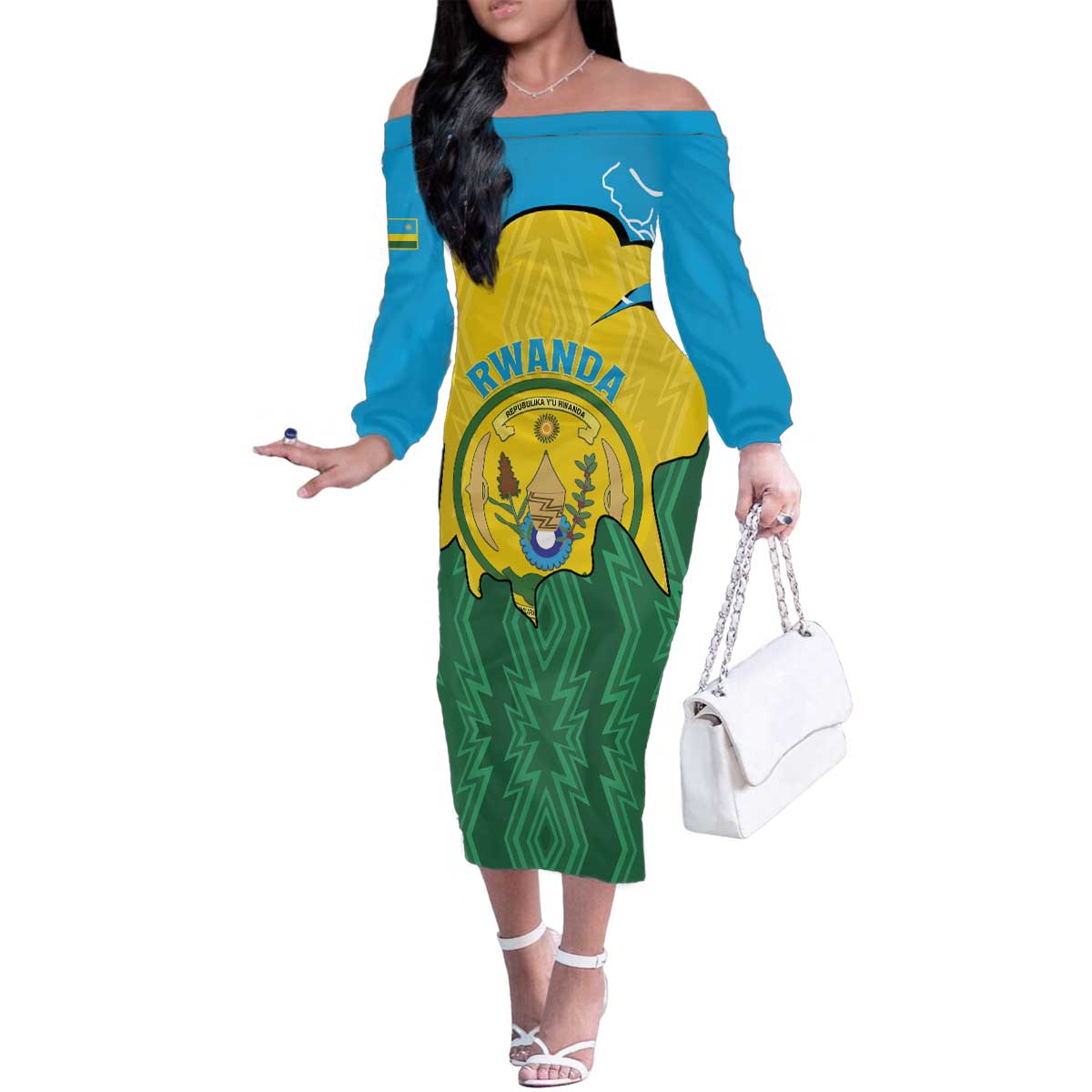 Personalized Rwanda Family Matching Off The Shoulder Long Sleeve Dress and Hawaiian Shirt Coat Of Arms Imigongo Pattern - Sporty Style