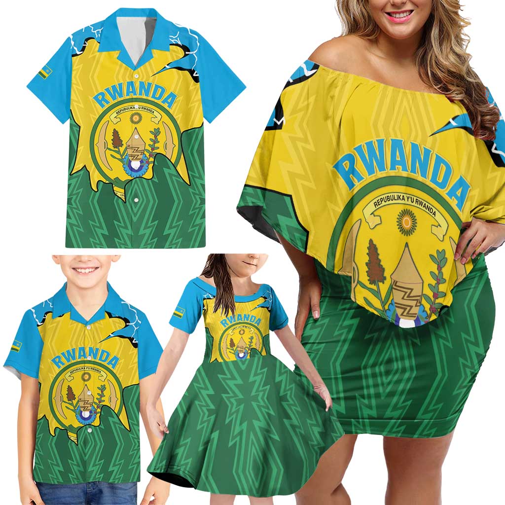 Personalized Rwanda Family Matching Off Shoulder Short Dress and Hawaiian Shirt Coat Of Arms Imigongo Pattern - Sporty Style