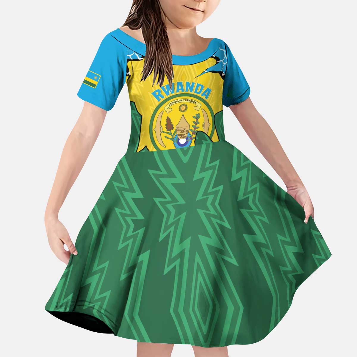 Personalized Rwanda Kid Short Sleeve Dress Coat Of Arms Imigongo Pattern - Sporty Style