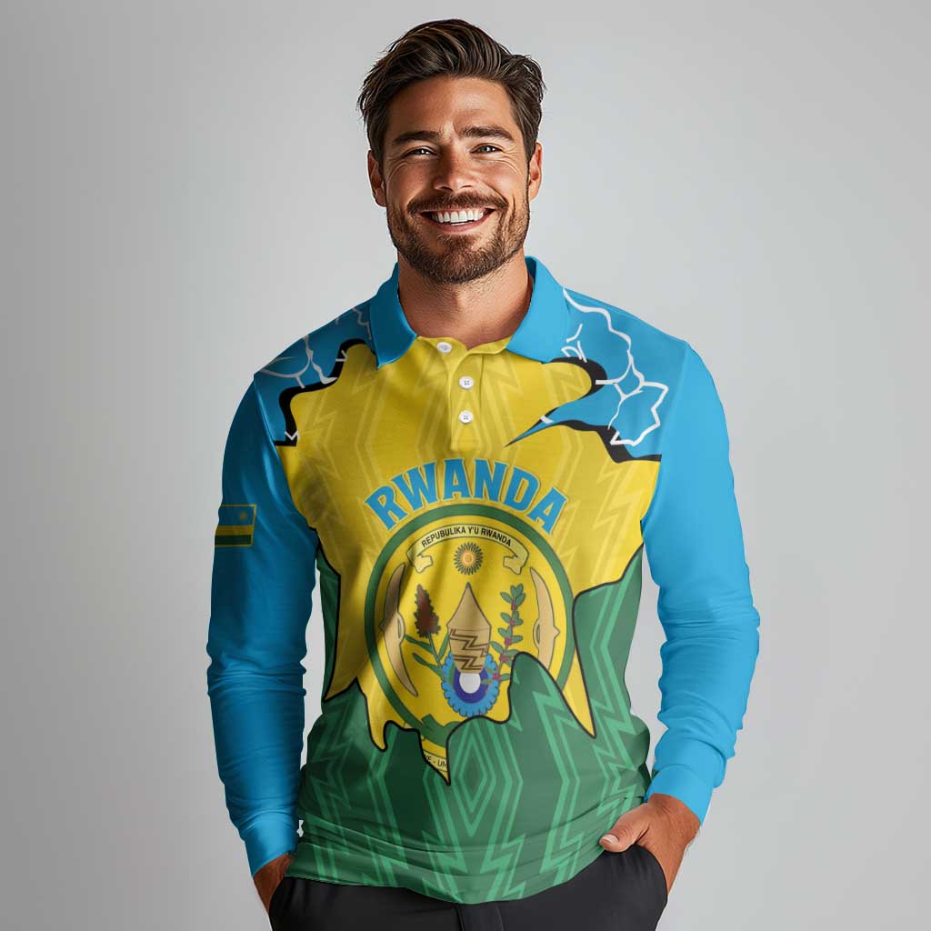 Personalized Rwanda Long Sleeve Polo Shirt Coat Of Arms Imigongo Pattern - Sporty Style