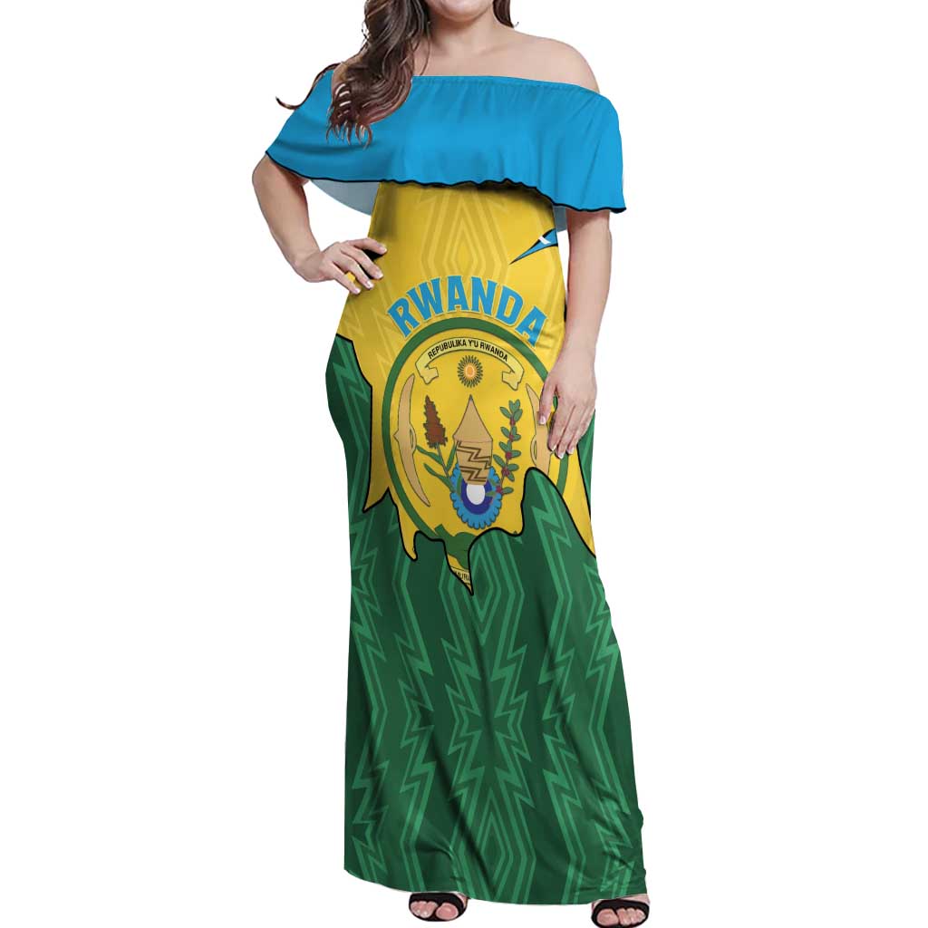 Personalized Rwanda Off Shoulder Maxi Dress Coat Of Arms Imigongo Pattern - Sporty Style