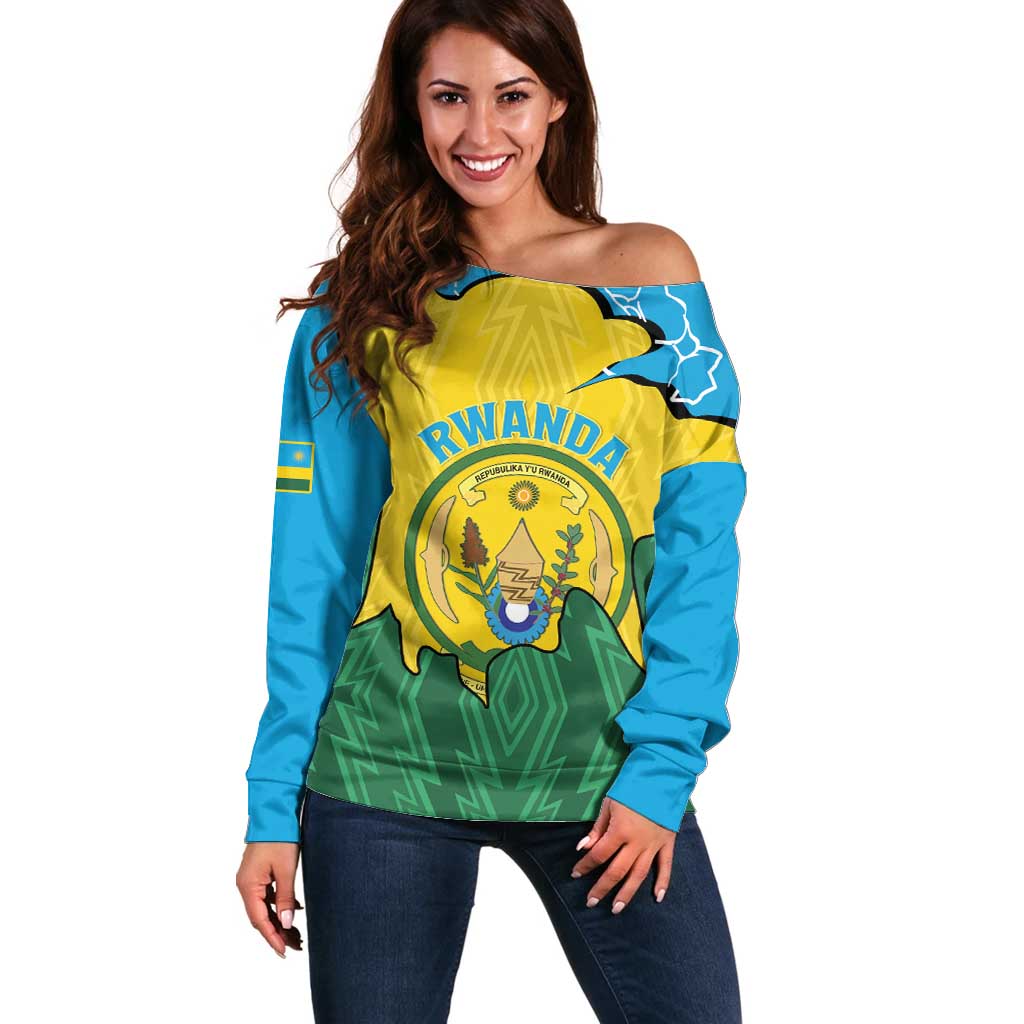 Personalized Rwanda Off Shoulder Sweater Coat Of Arms Imigongo Pattern - Sporty Style