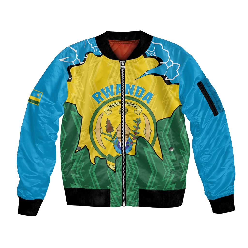 Personalized Rwanda Sleeve Zip Bomber Jacket Coat Of Arms Imigongo Pattern - Sporty Style