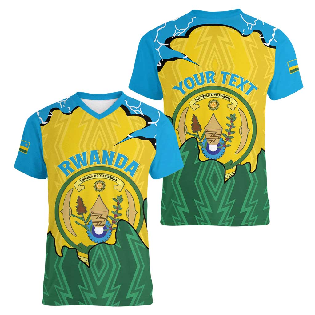 Personalized Rwanda Women V-Neck T-Shirt Coat Of Arms Imigongo Pattern - Sporty Style