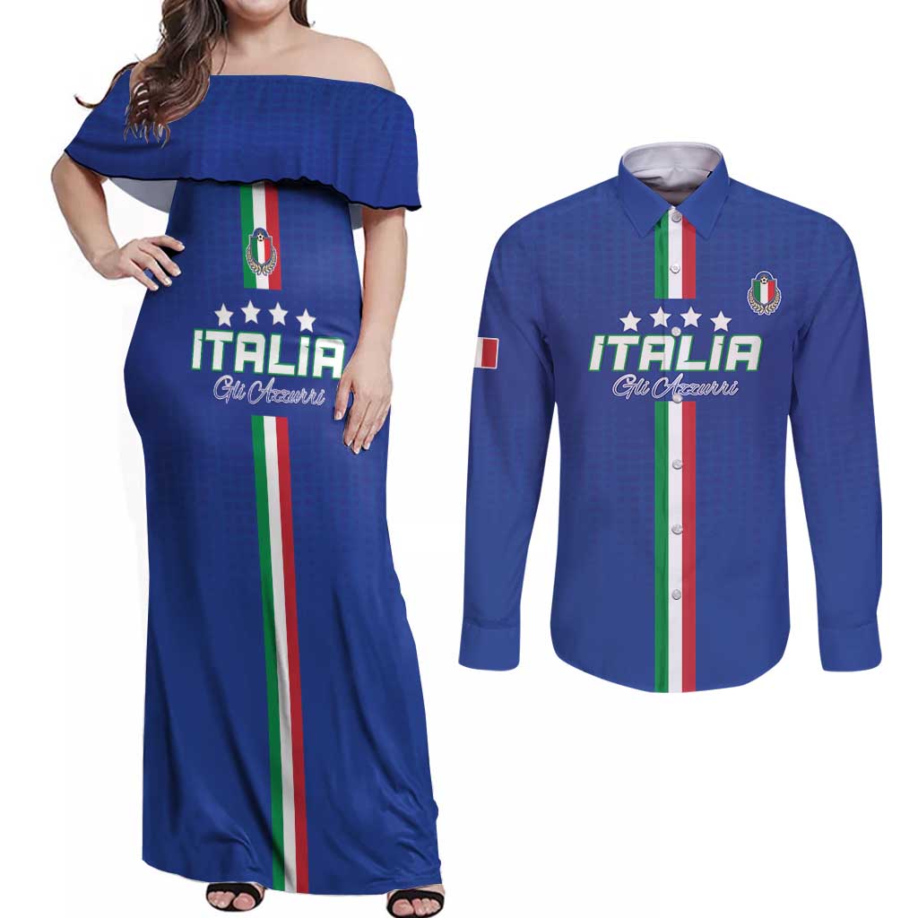 Custom Italy Football Couples Matching Off Shoulder Maxi Dress and Long Sleeve Button Shirt Come On Gli Azzurri - Wonder Print Shop