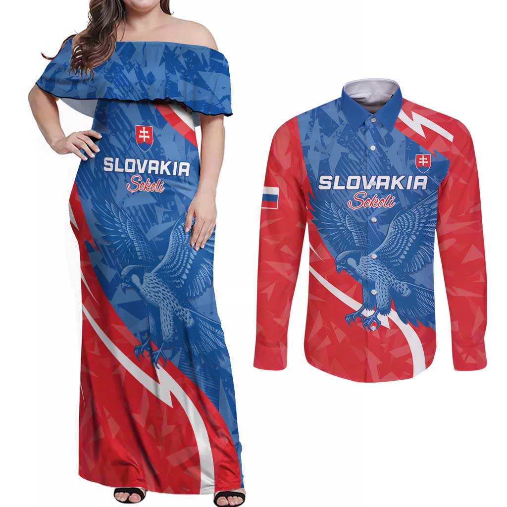 Custom Slovakia Football Couples Matching Off Shoulder Maxi Dress and Long Sleeve Button Shirt Come On Sokoli - Wonder Print Shop