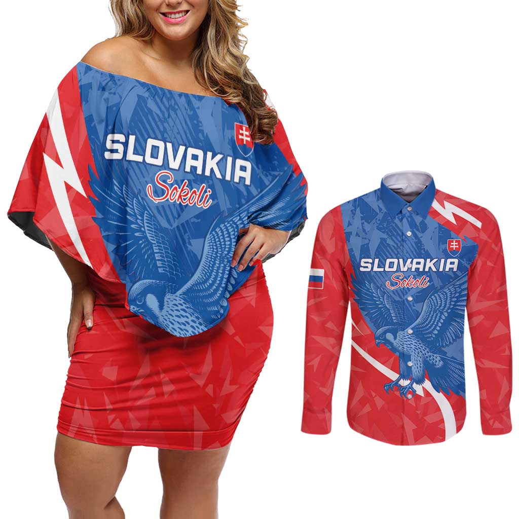 Custom Slovakia Football Couples Matching Off Shoulder Short Dress and Long Sleeve Button Shirt Come On Sokoli - Wonder Print Shop