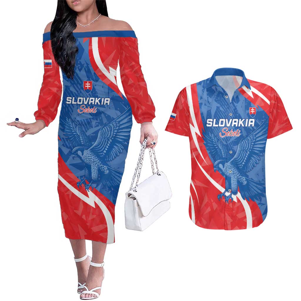 Custom Slovakia Football Couples Matching Off The Shoulder Long Sleeve Dress and Hawaiian Shirt Come On Sokoli - Wonder Print Shop