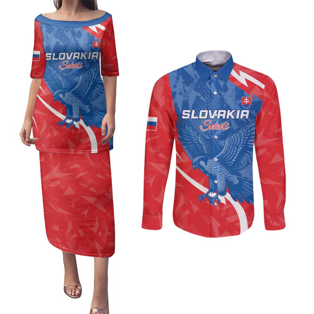 Custom Slovakia Football Couples Matching Puletasi and Long Sleeve Button Shirt Come On Sokoli - Wonder Print Shop