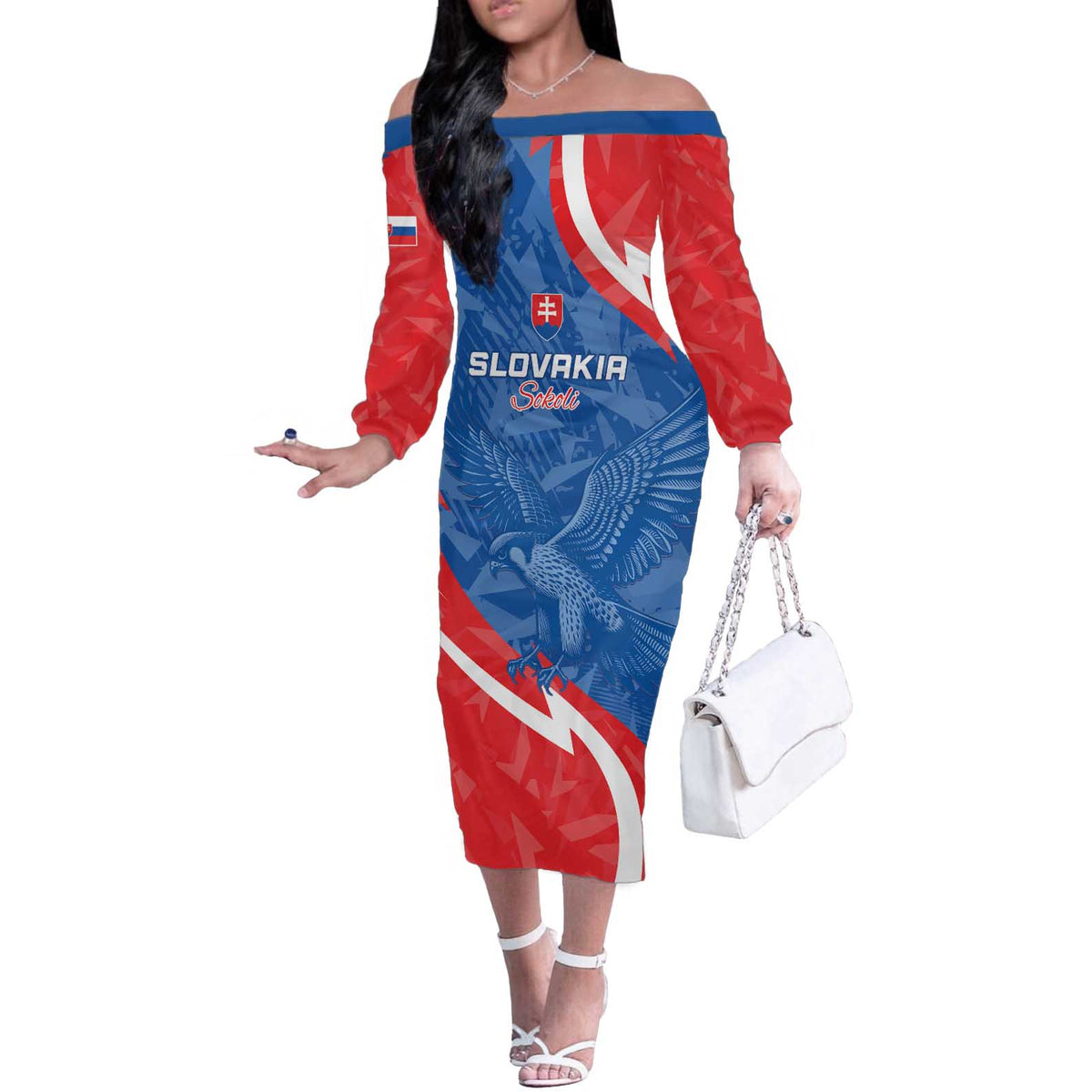 Custom Slovakia Football Off The Shoulder Long Sleeve Dress Come On Sokoli - Wonder Print Shop