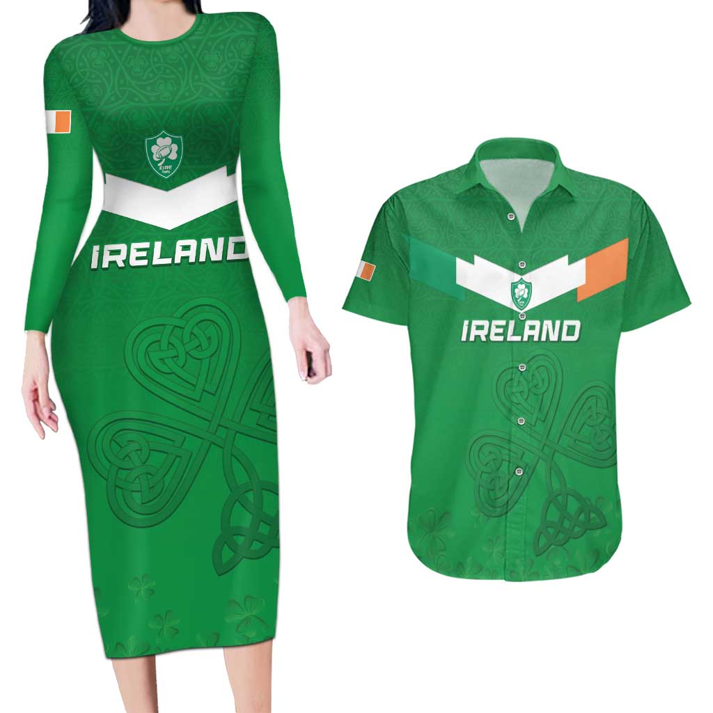 Ireland Rugby Custom Couples Matching Long Sleeve Bodycon Dress and Hawaiian Shirt Celtics Shamrock - Wonder Print Shop