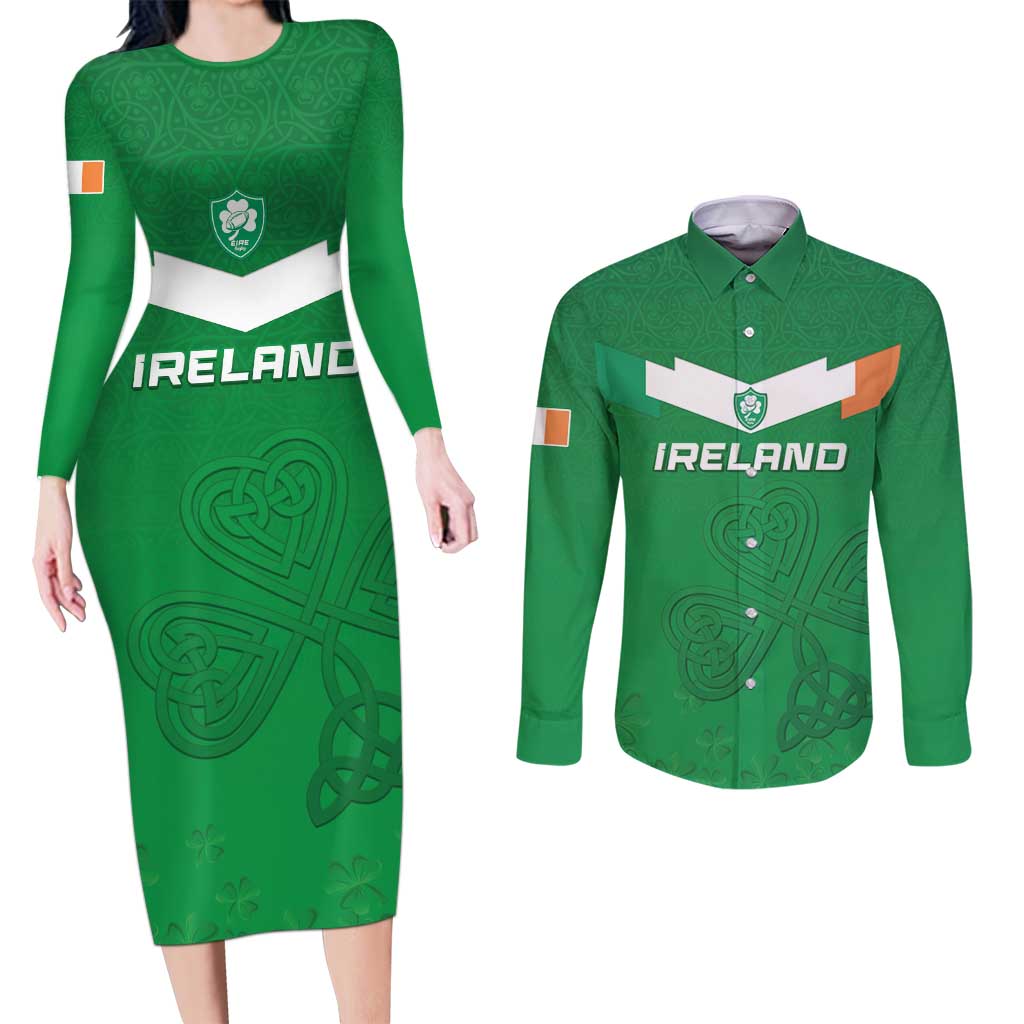 Ireland Rugby Custom Couples Matching Long Sleeve Bodycon Dress and Long Sleeve Button Shirt Celtics Shamrock - Wonder Print Shop