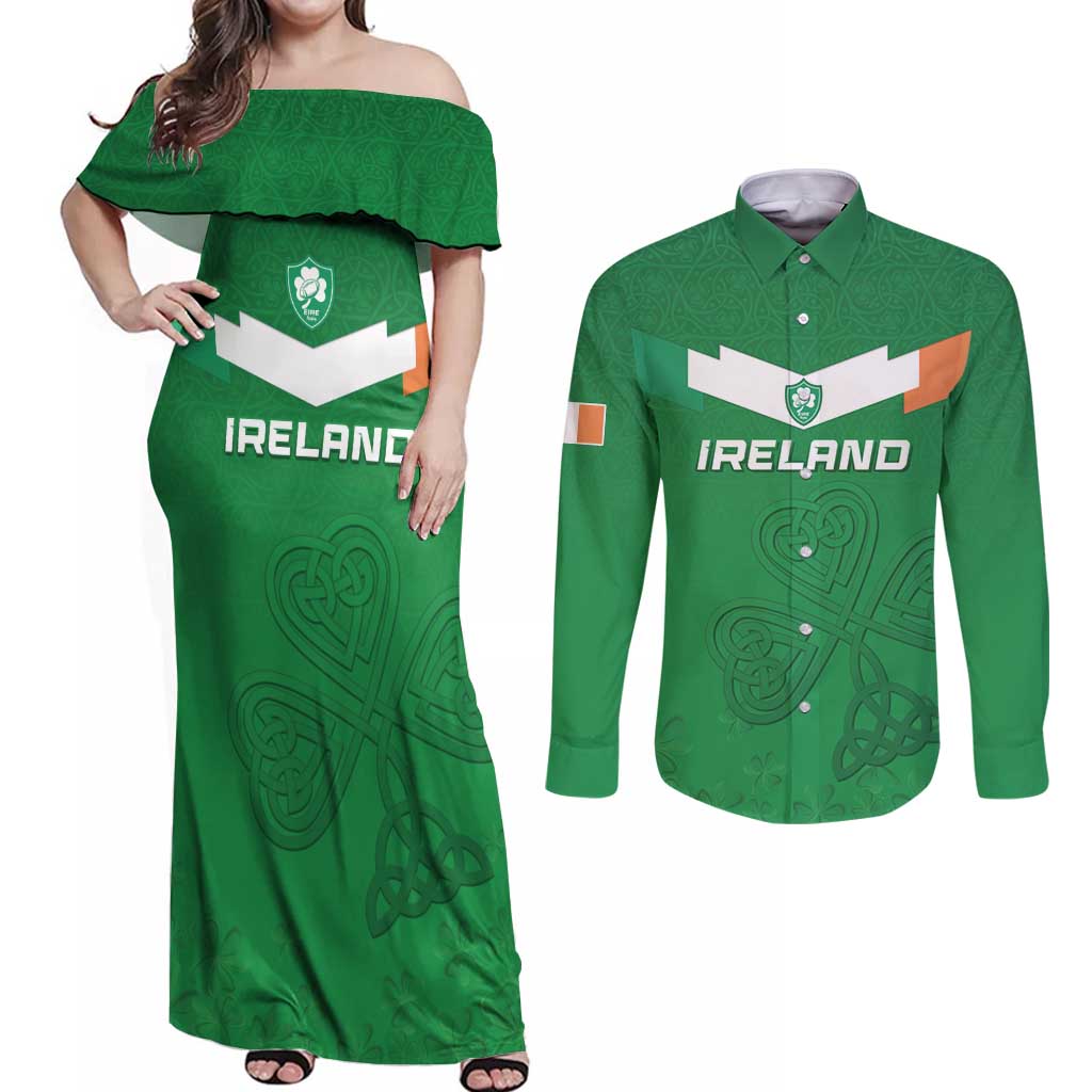 Ireland Rugby Custom Couples Matching Off Shoulder Maxi Dress and Long Sleeve Button Shirt Celtics Shamrock - Wonder Print Shop