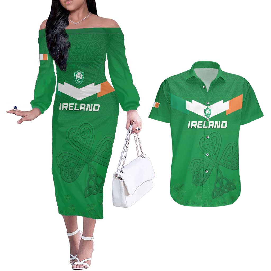 Ireland Rugby Custom Couples Matching Off The Shoulder Long Sleeve Dress and Hawaiian Shirt Celtics Shamrock - Wonder Print Shop