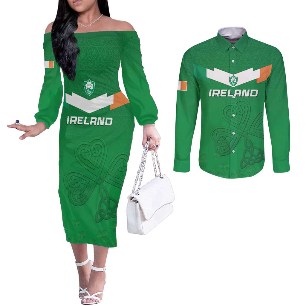 Ireland Rugby Custom Couples Matching Off The Shoulder Long Sleeve Dress and Long Sleeve Button Shirt Celtics Shamrock - Wonder Print Shop
