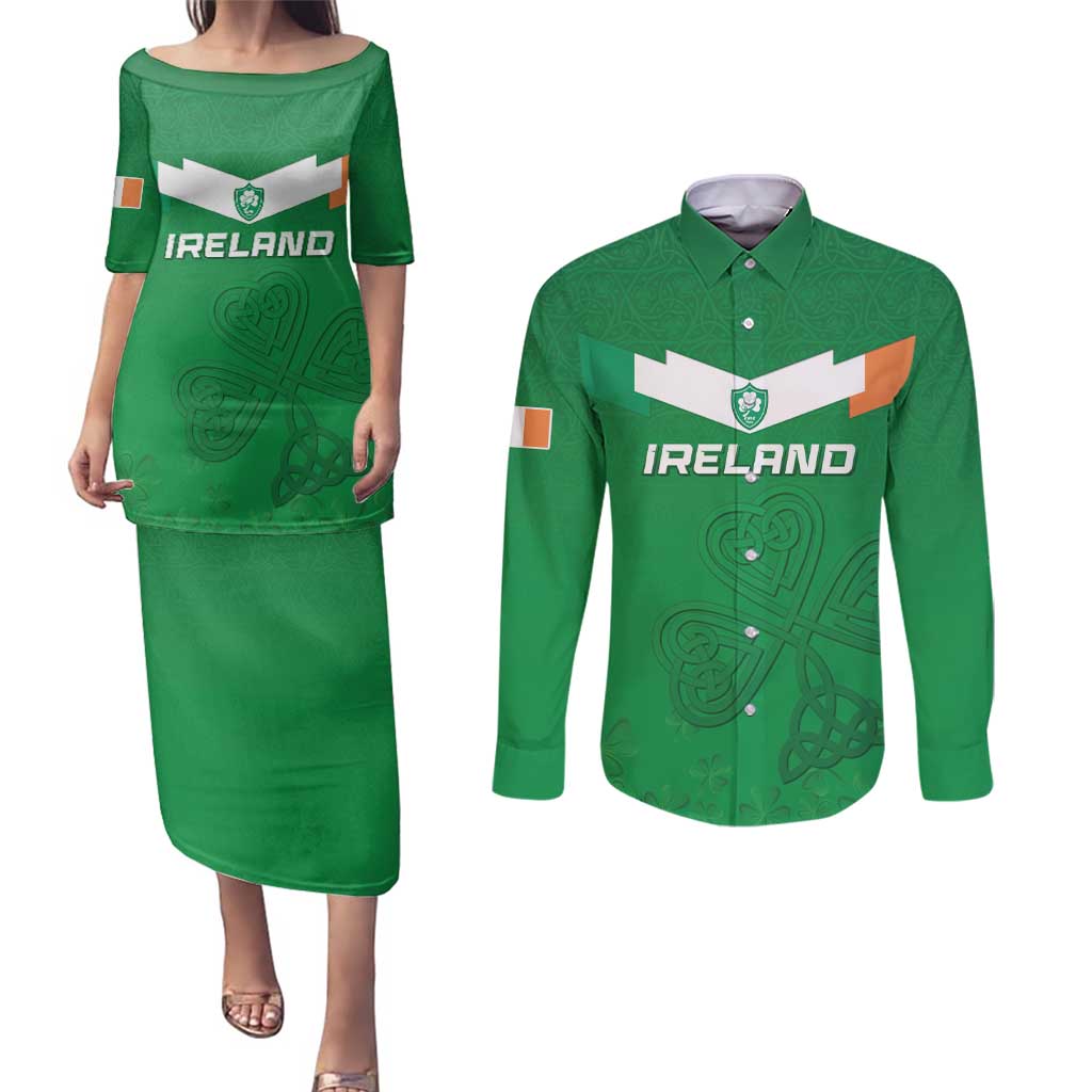 Ireland Rugby Custom Couples Matching Puletasi and Long Sleeve Button Shirt Celtics Shamrock - Wonder Print Shop