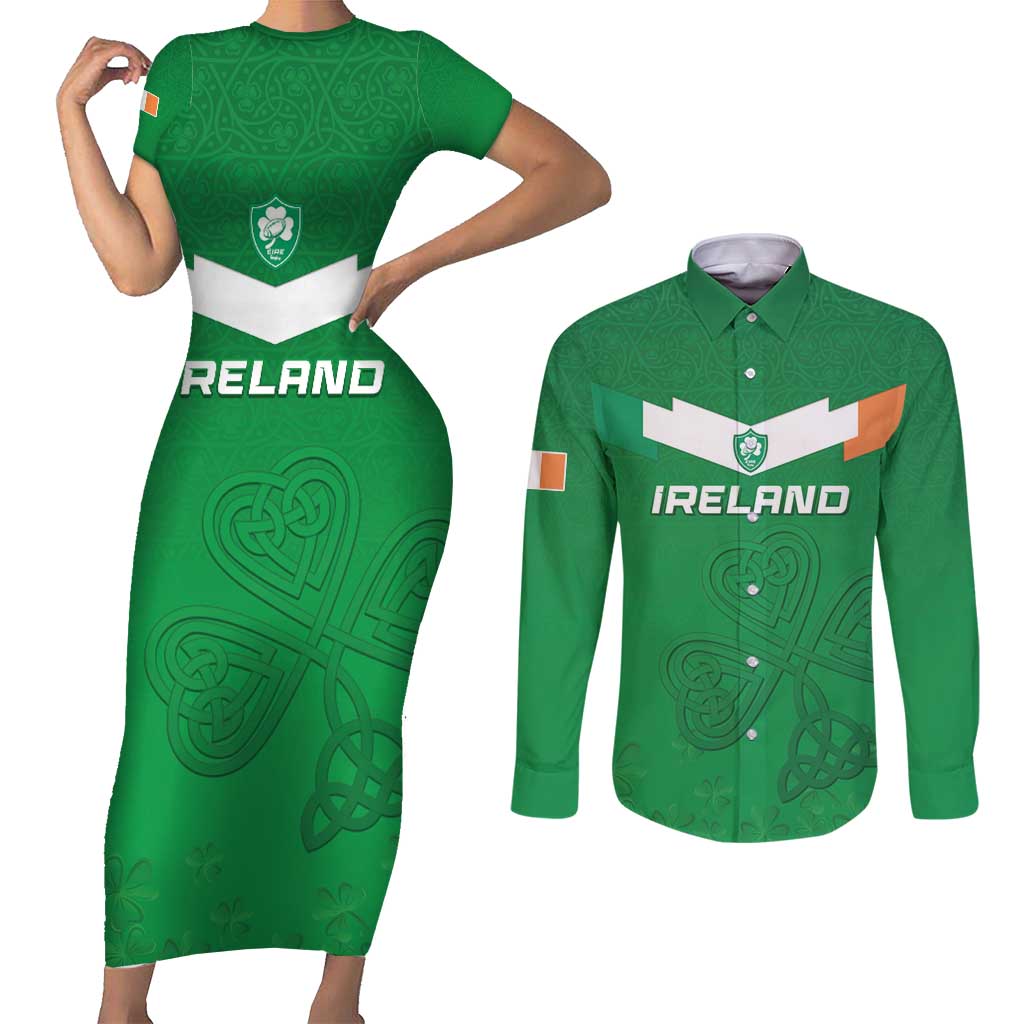 Ireland Rugby Custom Couples Matching Short Sleeve Bodycon Dress and Long Sleeve Button Shirt Celtics Shamrock - Wonder Print Shop