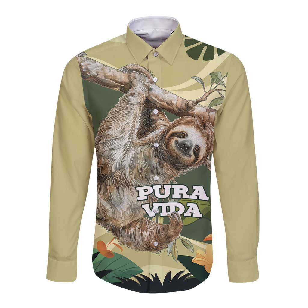 Pura Vida Costa Rica Sloth Long Sleeve Button Shirt Tropical Flowers Vintage Color - Wonder Print Shop