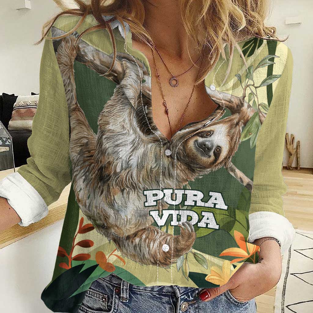 Pura Vida Costa Rica Sloth Women Casual Shirt Tropical Flowers Vintage Color - Wonder Print Shop