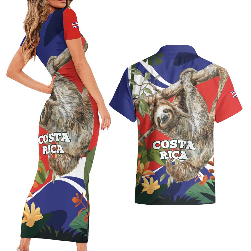 Pura Vida Costa Rica Sloth Couples Matching Short Sleeve Bodycon Dress and Hawaiian Shirt Tropical Flowers Flag Color - Wonder Print Shop