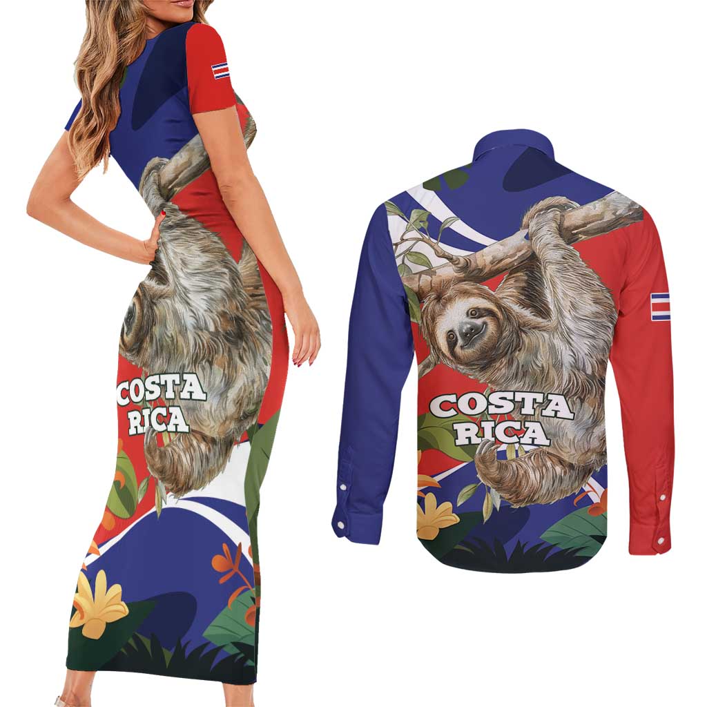 Pura Vida Costa Rica Sloth Couples Matching Short Sleeve Bodycon Dress and Long Sleeve Button Shirt Tropical Flowers Flag Color - Wonder Print Shop