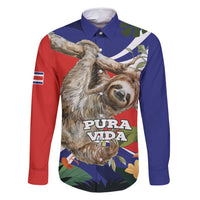 Pura Vida Costa Rica Sloth Family Matching Long Sleeve Bodycon Dress and Hawaiian Shirt Tropical Flowers Flag Color - Wonder Print Shop