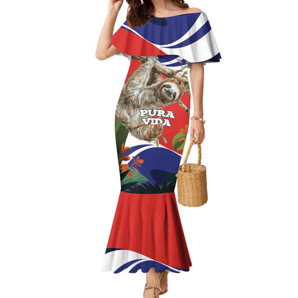 Pura Vida Costa Rica Sloth Family Matching Mermaid Dress and Hawaiian Shirt Tropical Flowers Flag Color - Wonder Print Shop