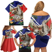 Pura Vida Costa Rica Sloth Family Matching Off Shoulder Short Dress and Hawaiian Shirt Tropical Flowers Flag Color - Wonder Print Shop