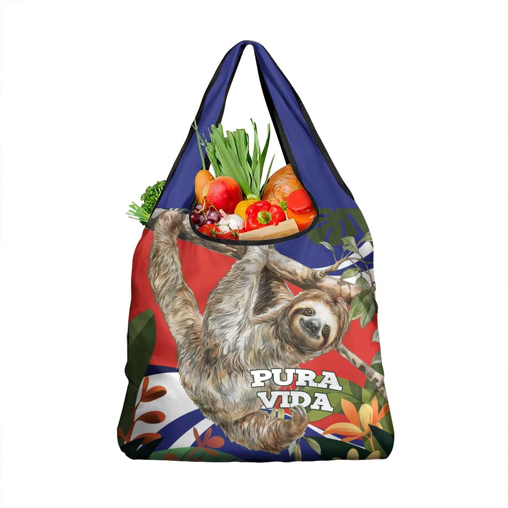 Pura Vida Costa Rica Sloth Grocery Bag Tropical Flowers Flag Color
