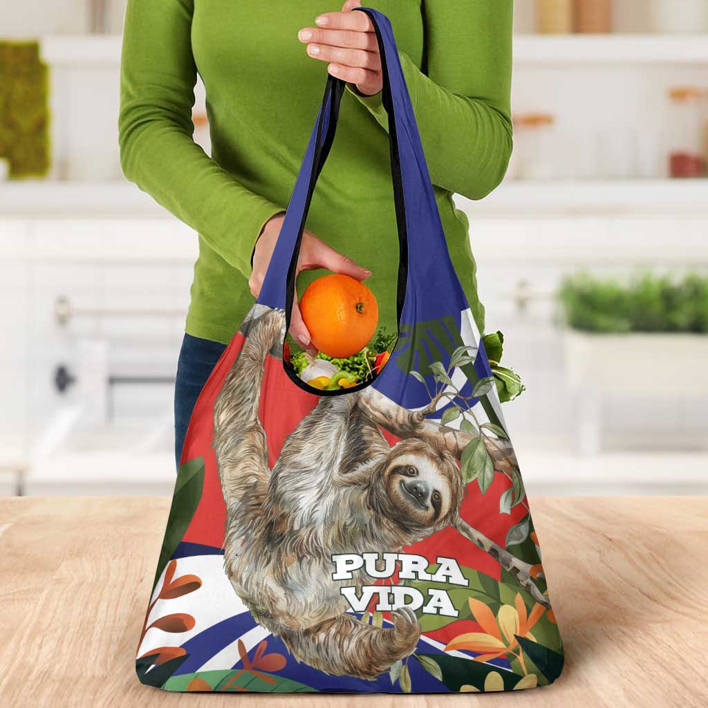 Pura Vida Costa Rica Sloth Grocery Bag Tropical Flowers Flag Color