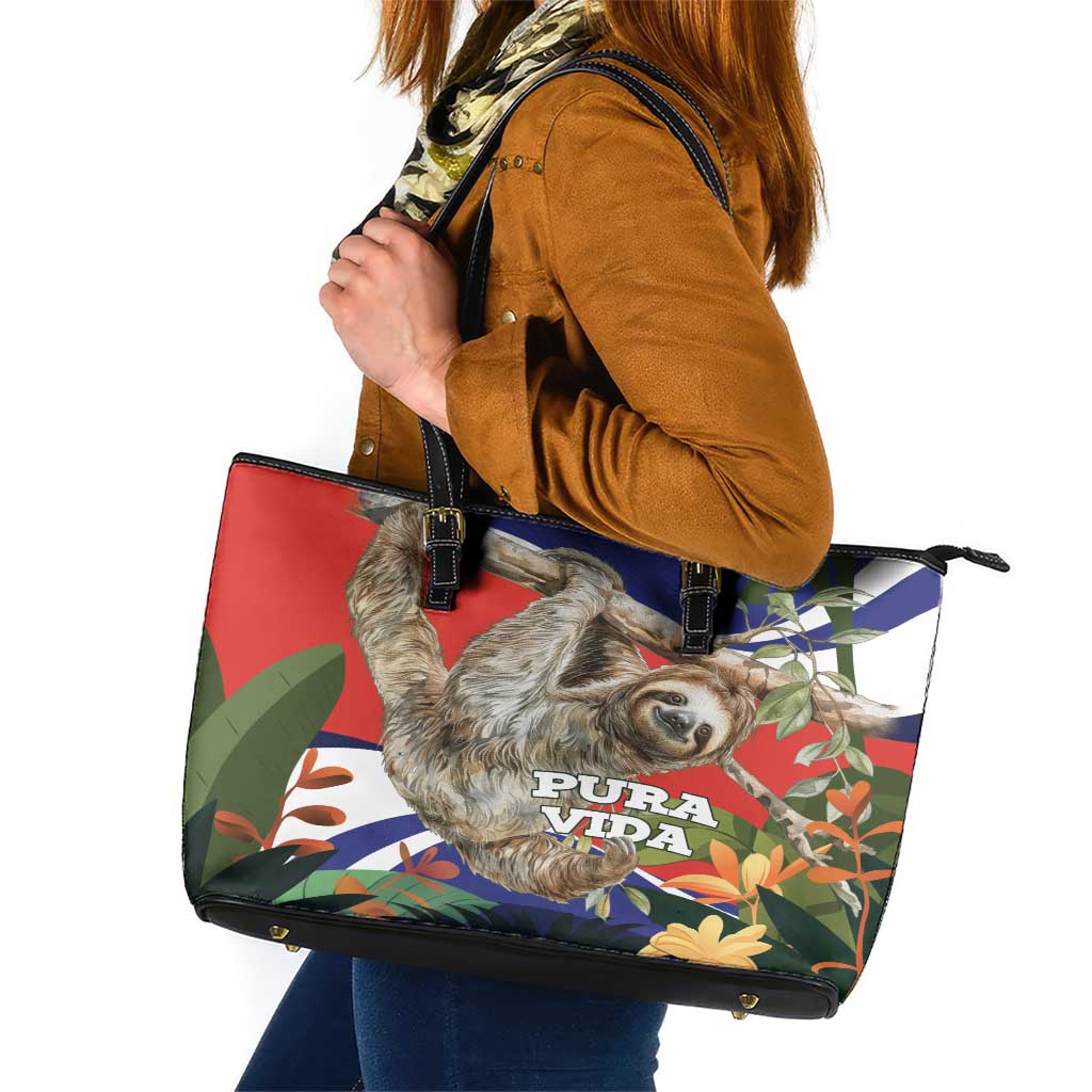 Pura Vida Costa Rica Sloth Leather Tote Bag Tropical Flowers Flag Color - Wonder Print Shop