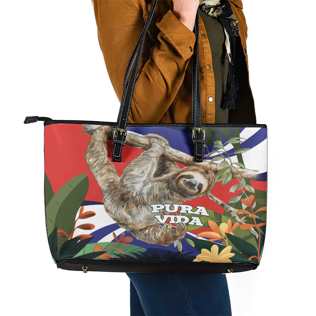 Pura Vida Costa Rica Sloth Leather Tote Bag Tropical Flowers Flag Color - Wonder Print Shop